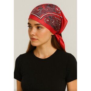 Silk Scarf 27x27 | Red Paisley Print | Square Neck or Hair Accessory